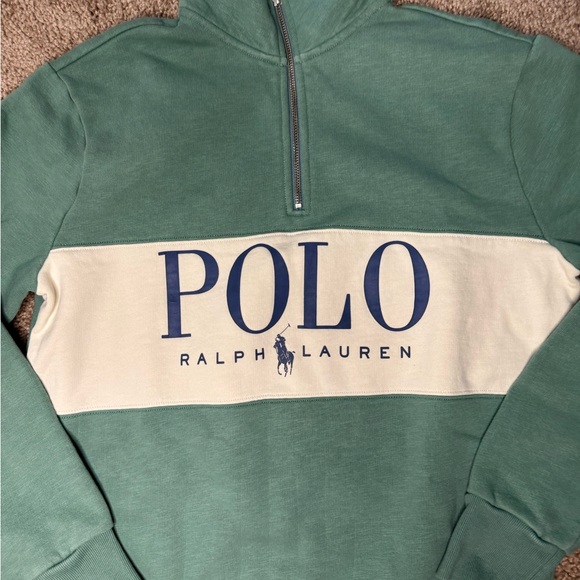 Polo by Ralph Lauren Green Half-Zip Sweater with Cream Panel and Navy Logo - Picture 3 of 7